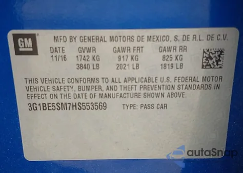 2017 Chevrolet Cruze Lt Auto z USA, uszkodzony, nr VIN 3G1BE5SM7HS553569